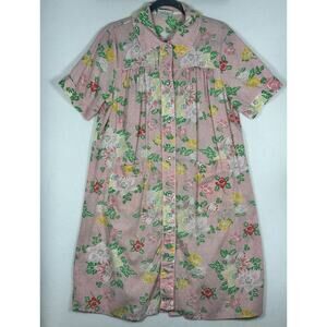 Vintage Pink Floral House Coat Size L Pearl Snap Cottagecore Lounge Dress Duster